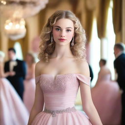 A 17-year-old white girl with light blonde curly hair, dark brown eyes, and rosy lips, wearing a light pink ball gown