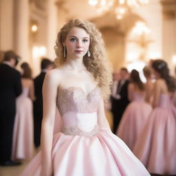 A 17-year-old white girl with light blonde curly hair, dark brown eyes, and rosy lips, wearing a light pink ball gown