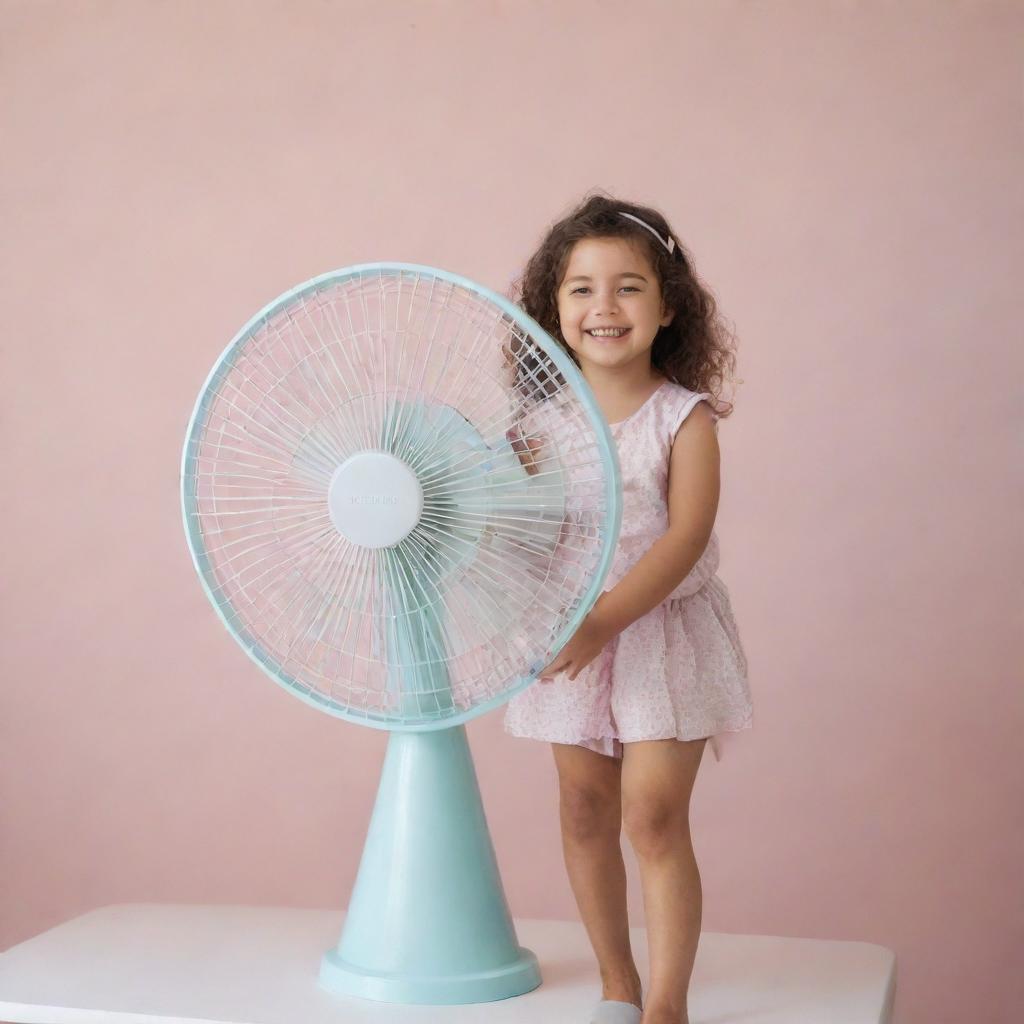 A young girl cheerfully sitting on an oversized, stationary desk fan, in a hazy, soft pastel environment