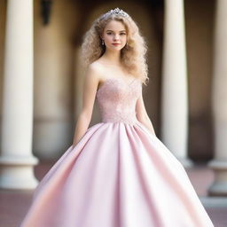 A 17-year-old girl with light blonde curly hair, fair skin, dark brown eyes, and rosy lips wearing a light pink ball gown