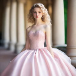 A 17-year-old girl with light blonde curly hair, fair skin, dark brown eyes, and rosy lips wearing a light pink ball gown