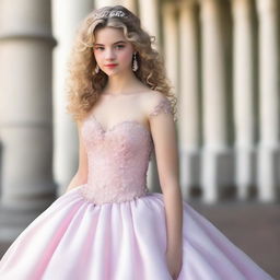 A 17-year-old girl with light blonde curly hair, fair skin, dark brown eyes, and rosy lips wearing a light pink ball gown