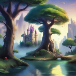 Create a detailed fantasy background featuring a mystical forest with ancient trees, glowing mushrooms, and a serene river flowing through it