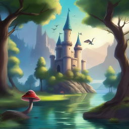 Create a detailed fantasy background featuring a mystical forest with ancient trees, glowing mushrooms, and a serene river flowing through it