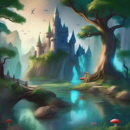 Create a detailed fantasy background featuring a mystical forest with ancient trees, glowing mushrooms, and a serene river flowing through it