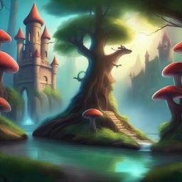 Create a detailed fantasy background featuring a mystical forest with ancient trees, glowing mushrooms, and a serene river flowing through it