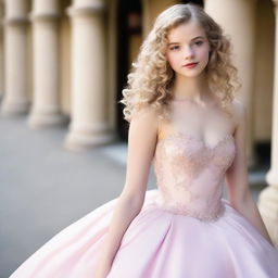 A 17-year-old white girl with light blonde curly hair, dark brown eyes, and rosy lips, wearing a light pink ball gown