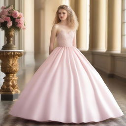 A 17-year-old white girl with light blonde curly hair, dark brown eyes, and rosy lips, wearing a light pink ball gown