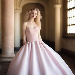 A 17-year-old white girl with light blonde curly hair, dark brown eyes, and rosy lips, wearing a light pink ball gown