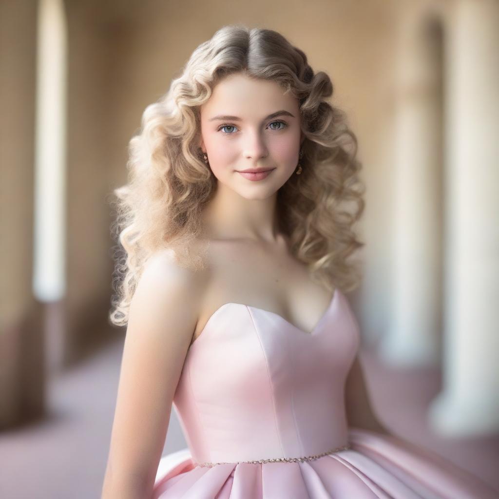 A 17-year-old white girl with light blonde curly hair, dark brown eyes, and rosy lips, wearing a light pink ball gown