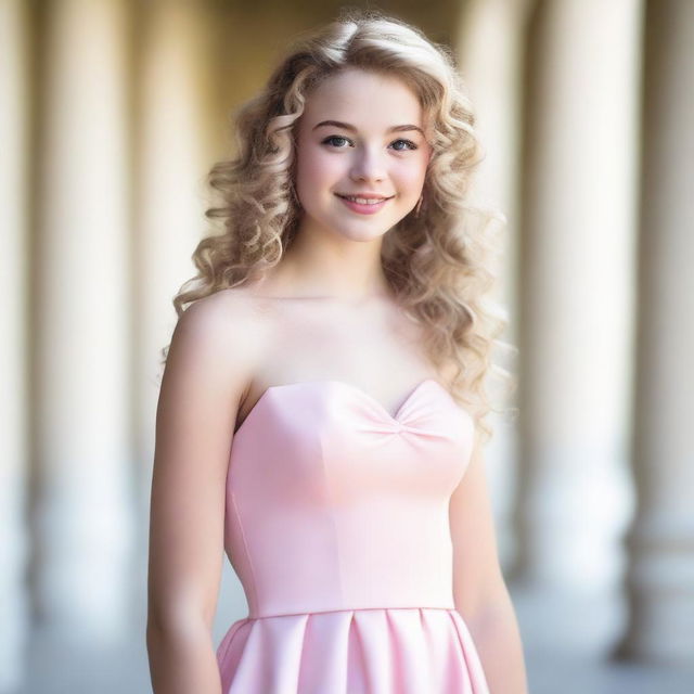 A 17-year-old girl with light blonde curly hair, fair skin, dark brown eyes, and rosy lips wearing a light pink school prom dress