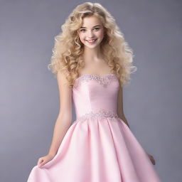 A 17-year-old girl with light blonde curly hair, fair skin, dark brown eyes, and rosy lips wearing a light pink school prom dress