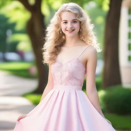 A 17-year-old girl with light blonde curly hair, fair skin, dark brown eyes, and rosy lips wearing a light pink school prom dress