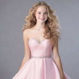 A 17-year-old girl with light blonde curly hair, fair skin, dark brown eyes, and rosy lips wearing a light pink school prom dress