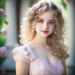 A 17-year-old girl with light blonde curly hair, fair skin, dark brown eyes, and rosy lips wearing a white dress with pink accents and embroidered flowers