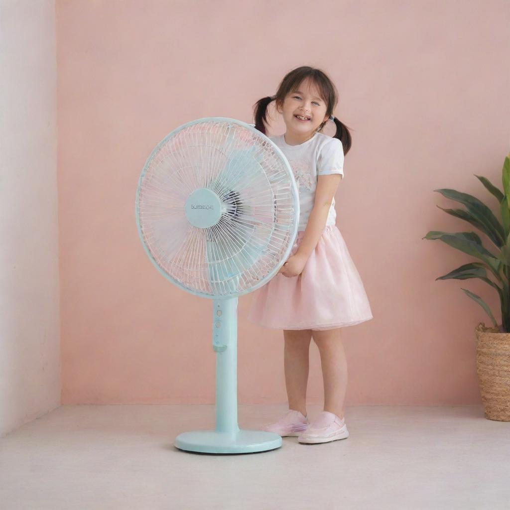 A young girl cheerfully sitting on an oversized, stationary desk fan, in a hazy, soft pastel environment