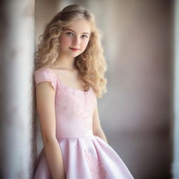 A 17-year-old girl with light blonde curly hair, fair skin, dark brown eyes, and rosy lips wearing a white dress with pink accents and embroidered flowers