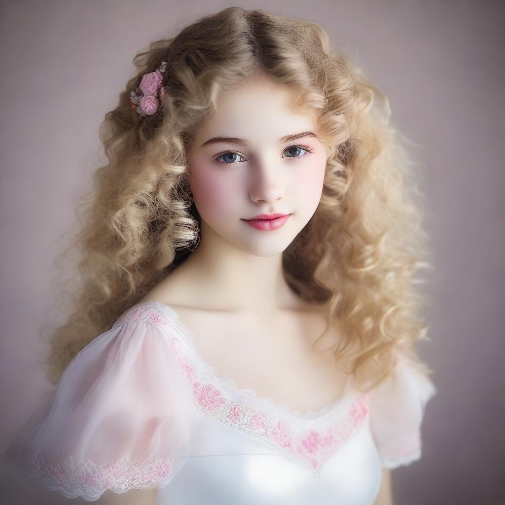 A 17-year-old girl with light blonde curly hair, fair skin, dark brown eyes, and rosy lips wearing a white dress with pink accents and embroidered flowers