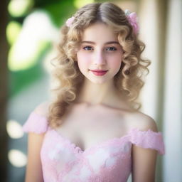 A 17-year-old girl with light blonde curly hair, fair skin, dark brown eyes, and rosy lips wearing a white dress with pink accents and embroidered flowers