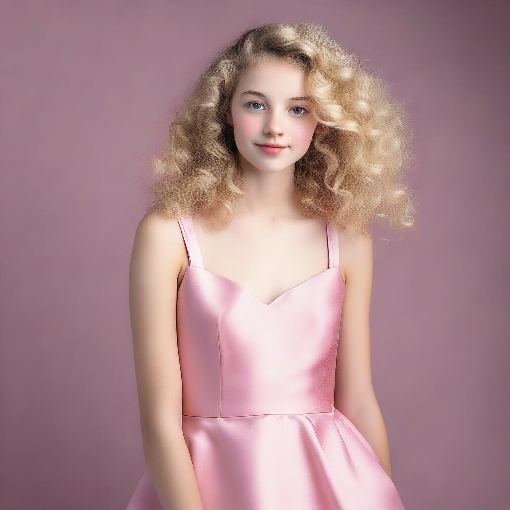 A 17-year-old girl with light blonde curly hair, fair skin, dark brown eyes, and rosy lips, wearing a pink satin dress