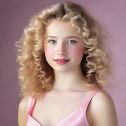 A 17-year-old girl with light blonde curly hair, fair skin, dark brown eyes, and rosy lips, wearing a pink satin dress