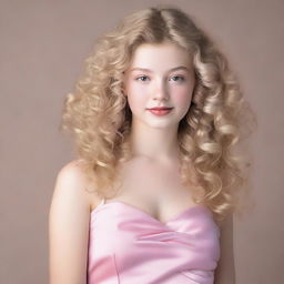 A 17-year-old girl with light blonde curly hair, fair skin, dark brown eyes, and rosy lips, wearing a pink satin dress