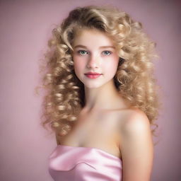 A 17-year-old girl with light blonde curly hair, fair skin, dark brown eyes, and rosy lips, wearing a pink satin dress