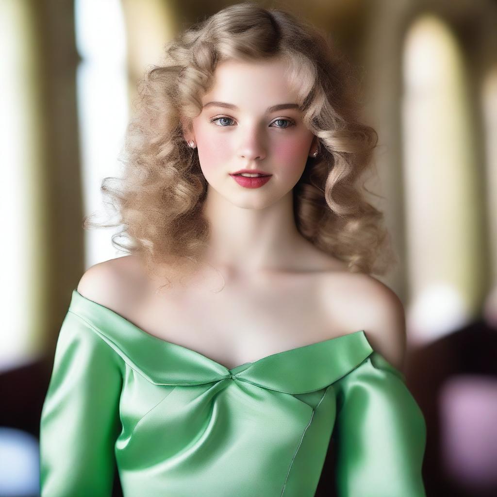 A 17-year-old white girl with light blonde curly hair, dark brown eyes, and rosy lips, wearing a light green satin dress