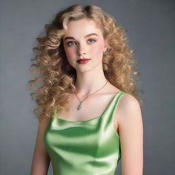 A 17-year-old white girl with light blonde curly hair, dark brown eyes, and rosy lips, wearing a light green satin dress