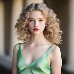 A 17-year-old white girl with light blonde curly hair, dark brown eyes, and rosy lips, wearing a light green satin dress