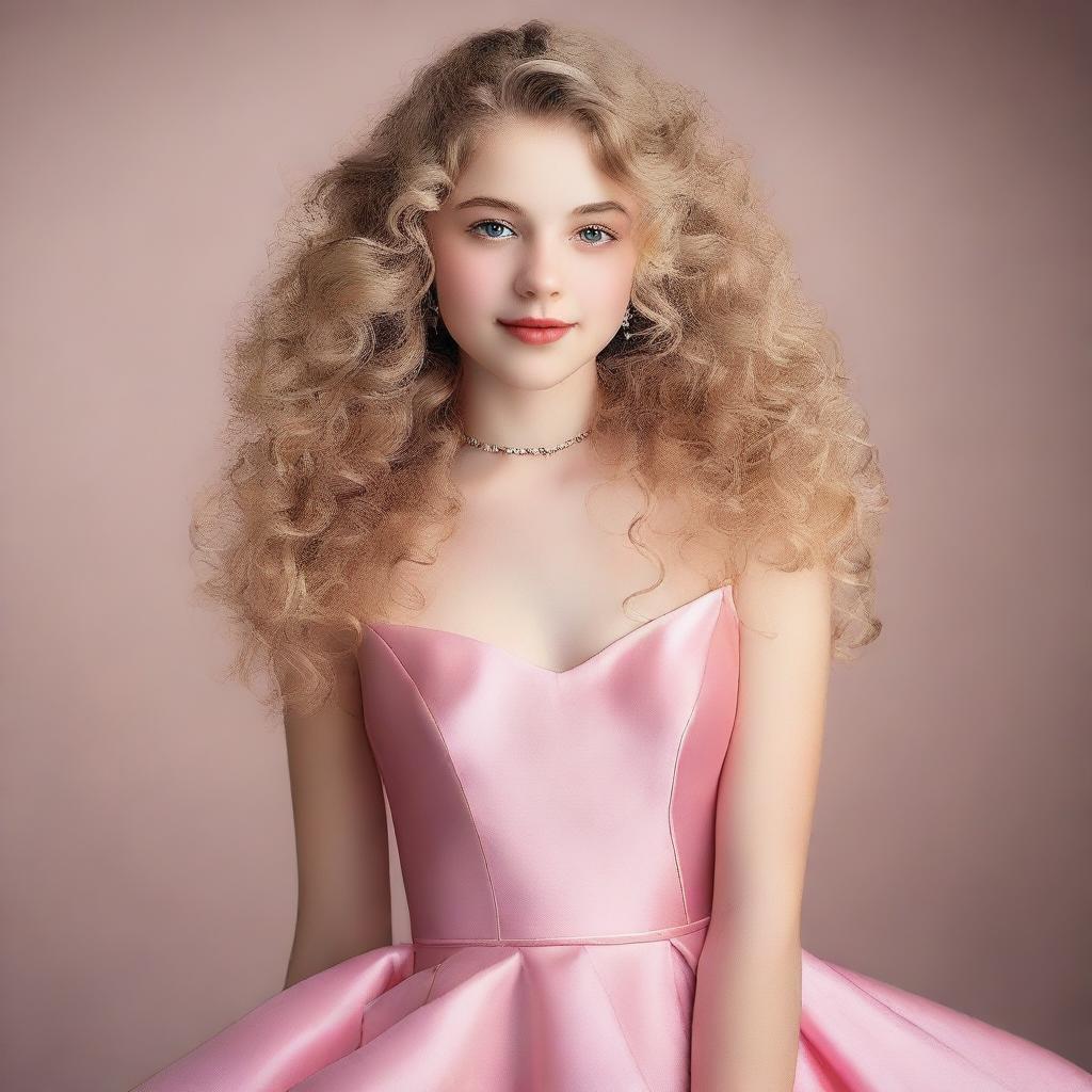 A 17-year-old girl with light blonde curly hair, fair skin, dark brown eyes, and rosy lips wearing a pink satin dress