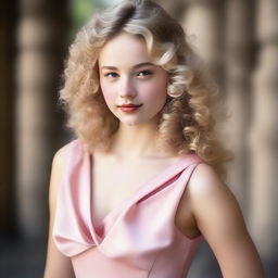 A 17-year-old girl with light blonde curly hair, fair skin, dark brown eyes, and rosy lips wearing a pink satin dress