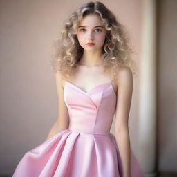 A 17-year-old girl with light blonde curly hair, fair skin, dark brown eyes, and rosy lips wearing a pink satin dress