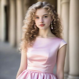 A 17-year-old girl with light blonde curly hair, fair skin, dark brown eyes, and rosy lips wearing a pink satin dress