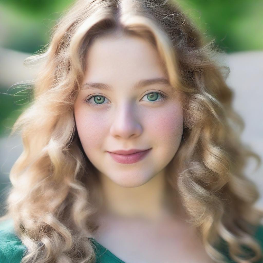 A 17-year-old girl with wavy blonde hair, green eyes, and a slightly chubby build