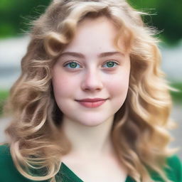 A 17-year-old girl with wavy blonde hair, green eyes, and a slightly chubby build