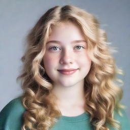 A 17-year-old girl with wavy blonde hair, green eyes, and a slightly chubby build