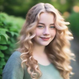 A 17-year-old girl with wavy blonde hair, green eyes, and a fuller figure