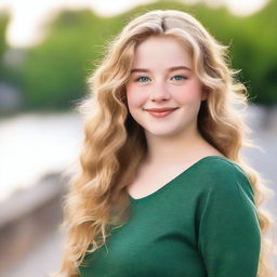 A 17-year-old girl with wavy blonde hair, green eyes, and a fuller figure