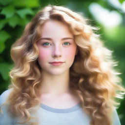 A 17-year-old girl with wavy blonde hair, green eyes, and a fuller figure