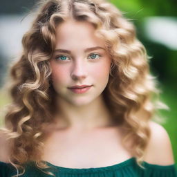 A 17-year-old girl with wavy blonde hair, green eyes, and a fuller figure