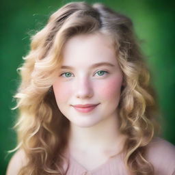 A 17-year-old girl with wavy blonde hair, green eyes, and a fuller figure