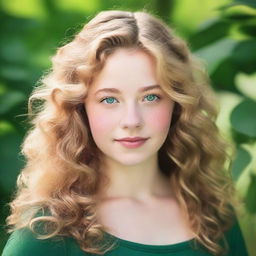 A 17-year-old girl with wavy blonde hair, green eyes, and a fuller figure