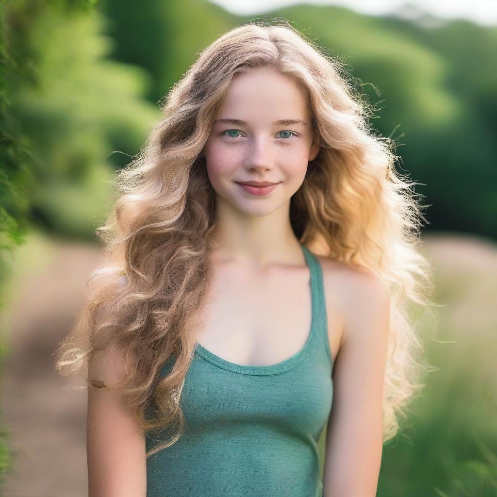 A 17-year-old girl with wavy blonde hair, green eyes, and a fuller body