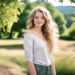 A 17-year-old girl with wavy blonde hair, green eyes, and a fuller body