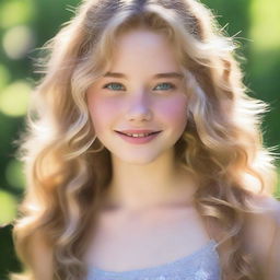 A 17-year-old girl with wavy blonde hair, green eyes, and a fuller body