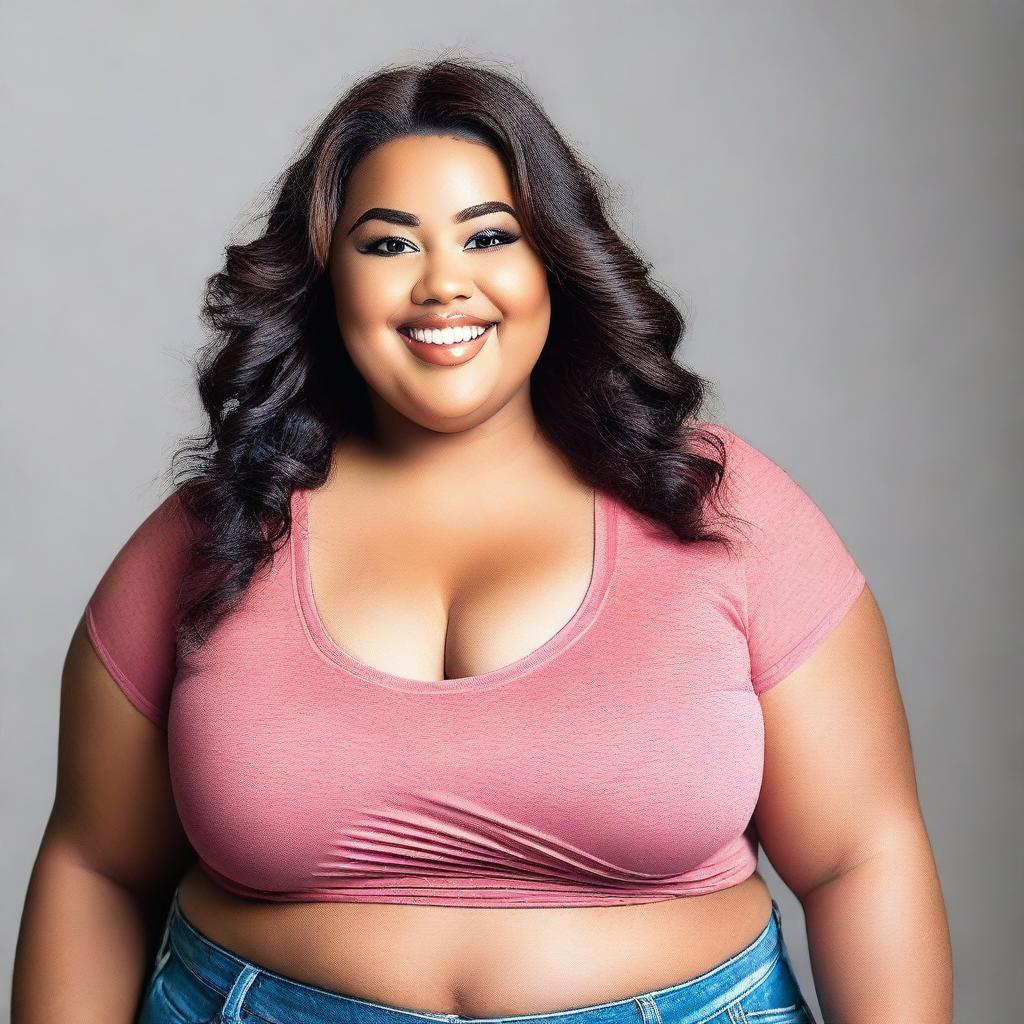 A plus-sized girl with a confident and happy expression