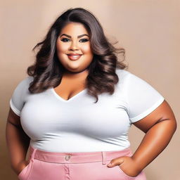 A plus-sized girl with a confident and happy expression