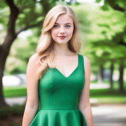 A 17-year-old girl with blonde hair, green eyes, and a fuller figure, wearing a green dress