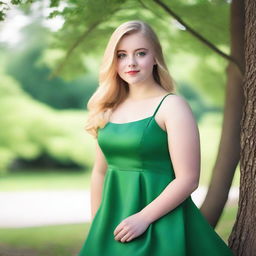 A 17-year-old girl with blonde hair, green eyes, and a fuller figure, wearing a green dress